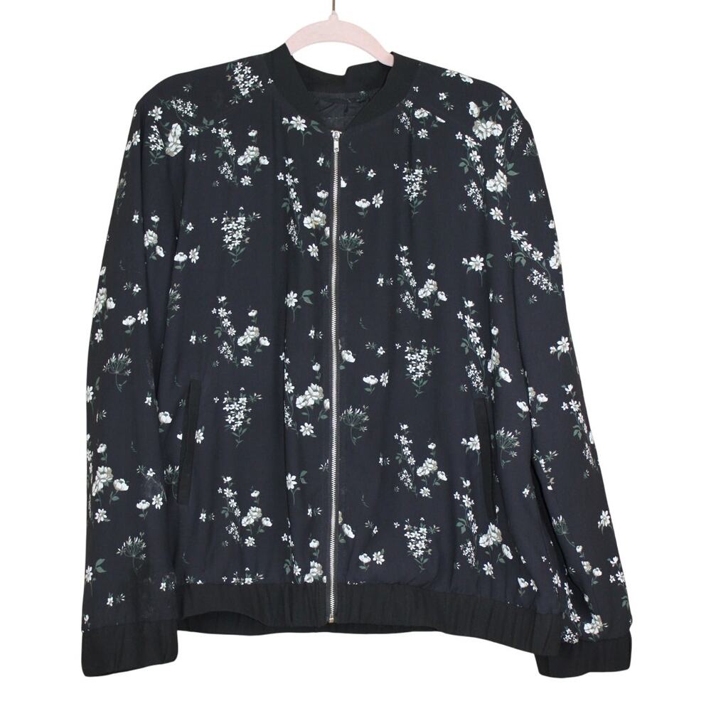 Attention‎ Black Floral Casual Croquette Boho Cottage Long Sleeve Bomber Jacket